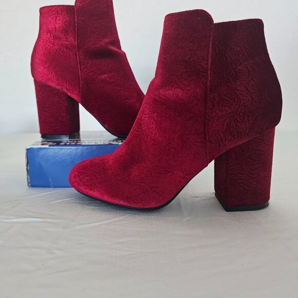 Bamboo Thirst 14s Red Velvet Brocade Ankle Boots Size 6 Chunky Block Heel Zip‎ - Picture 1 of 13